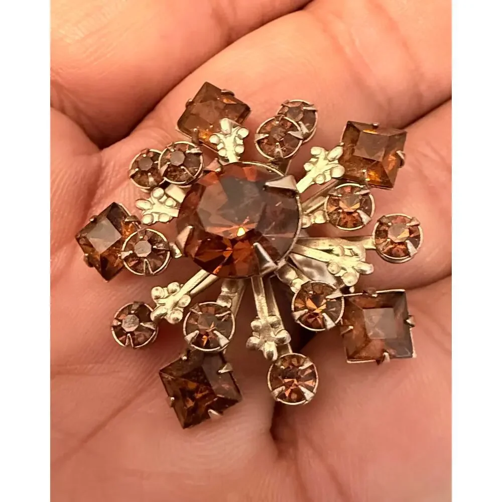 Vintage Silver Tone Amber Rhinestone Atomic Starburst Brooch Unsigned